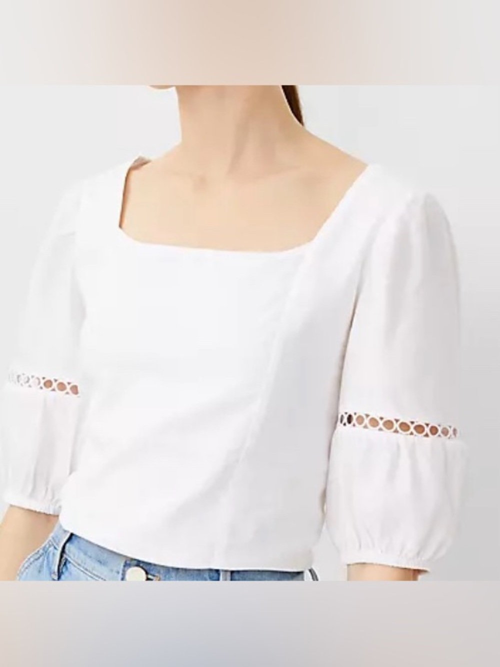 Ann Taylor White Square-Neck Puff Sleeve Blouse